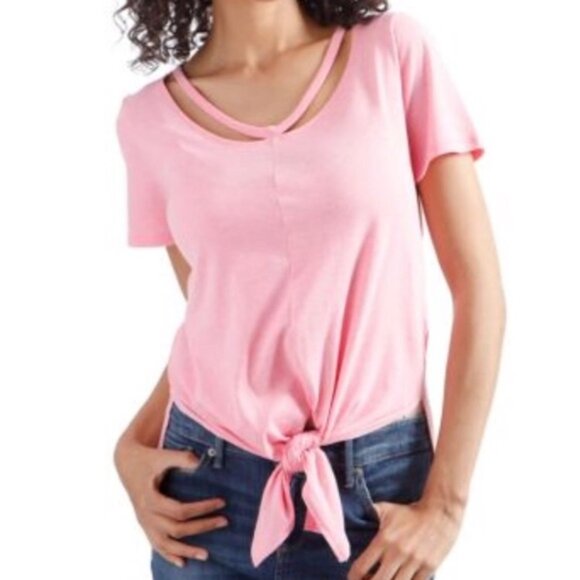 ❤️5/$15💚Lucky Brand Pink Cotton Blend Short Sleeve Tie Front Strappy Tee Blouse - Picture 2 of 6